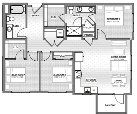 Floor plan for 3 beds, 2 baths, 1090 sqft